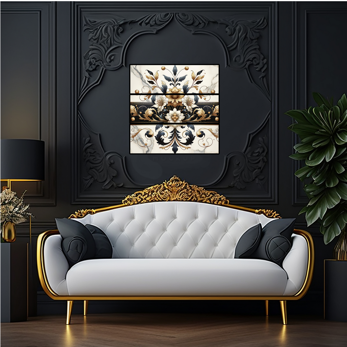 Gilded Reverie – One-of-a-Kind Baroque Floral Wall Art in Black, Gold & Marble | Collector’s Edition