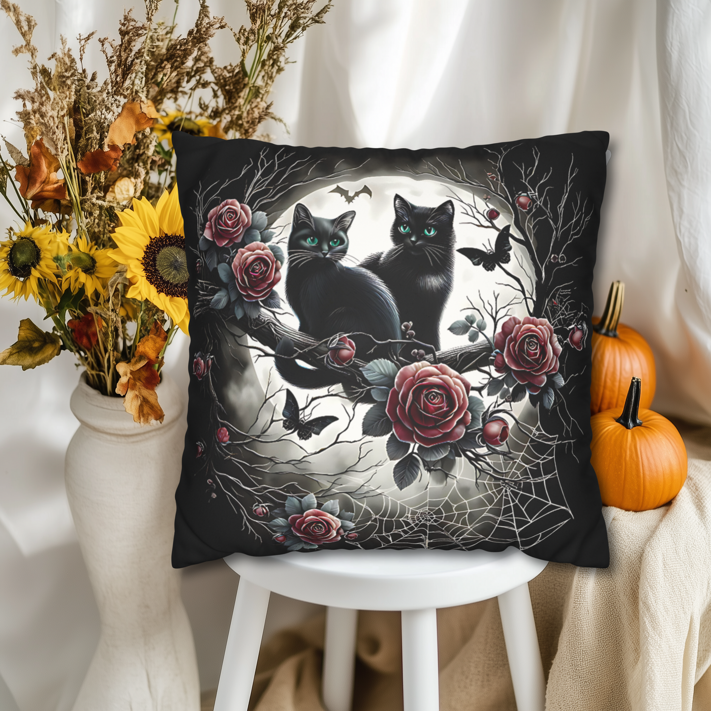 Black Cat Pillow Cover - 2 Kittens with Emerald Green Eyes, Halloween or Gothic Home Decor, Cute Cat Accent Pillow. Cover