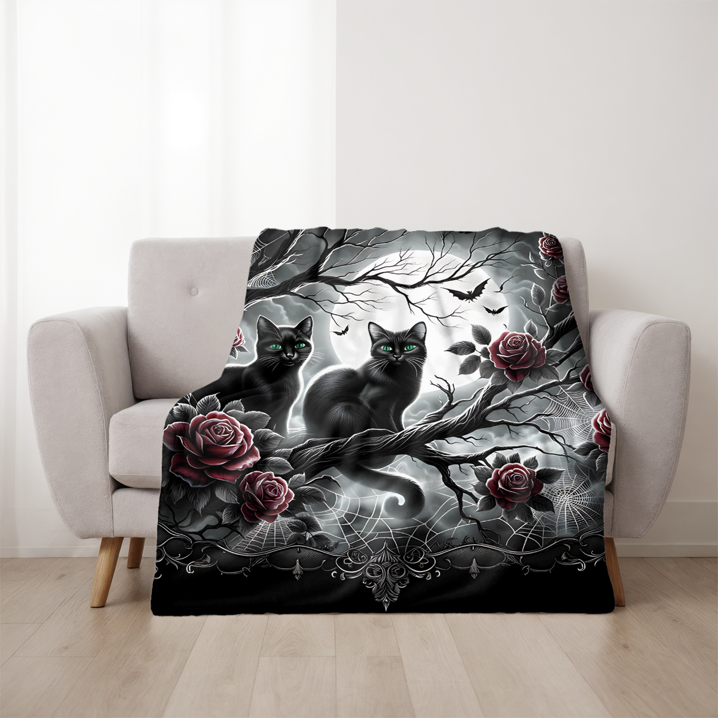 Gothic Black Cats & Roses Velveteen Blanket — Emerald Eyes Moonlit Halloween Throw