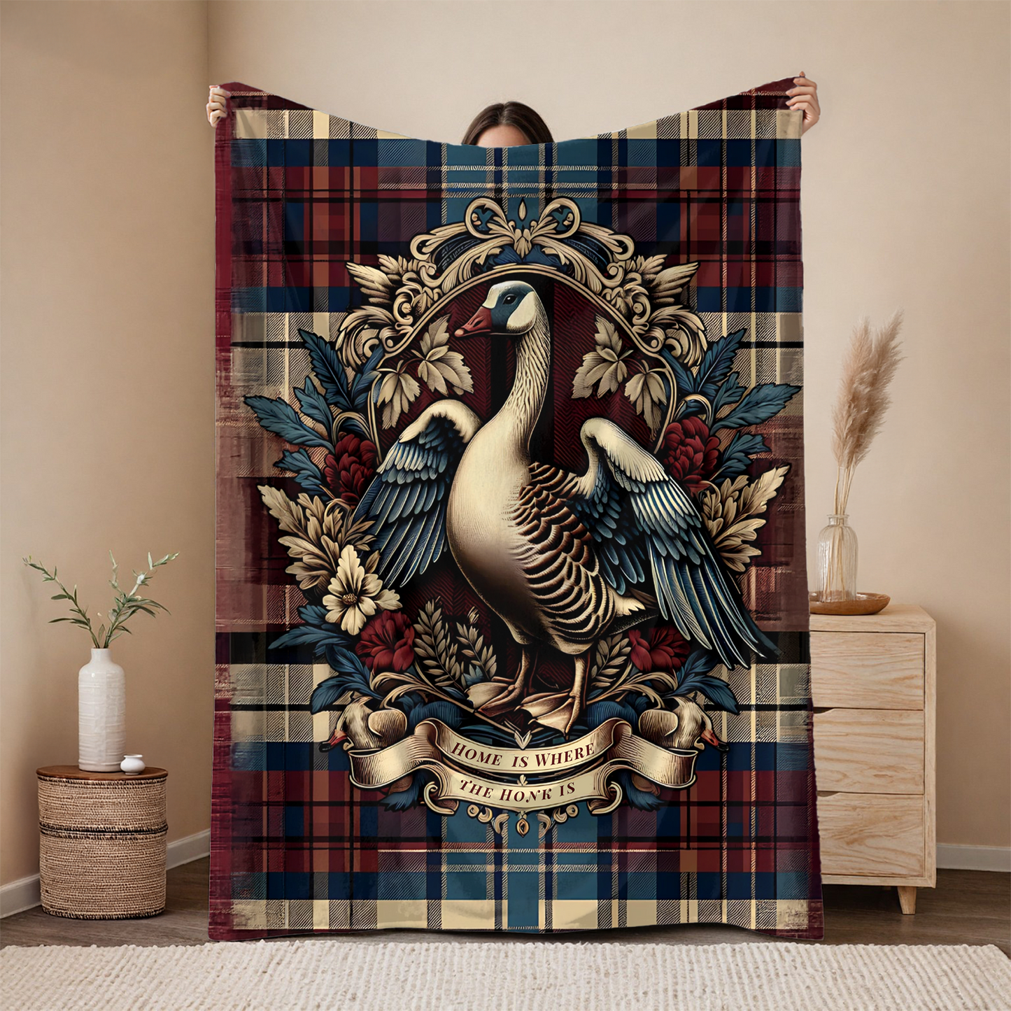 Home is Where the Honk Is Blanket – Rustic Plaid Farmhouse Throw with Vintage Goose Design