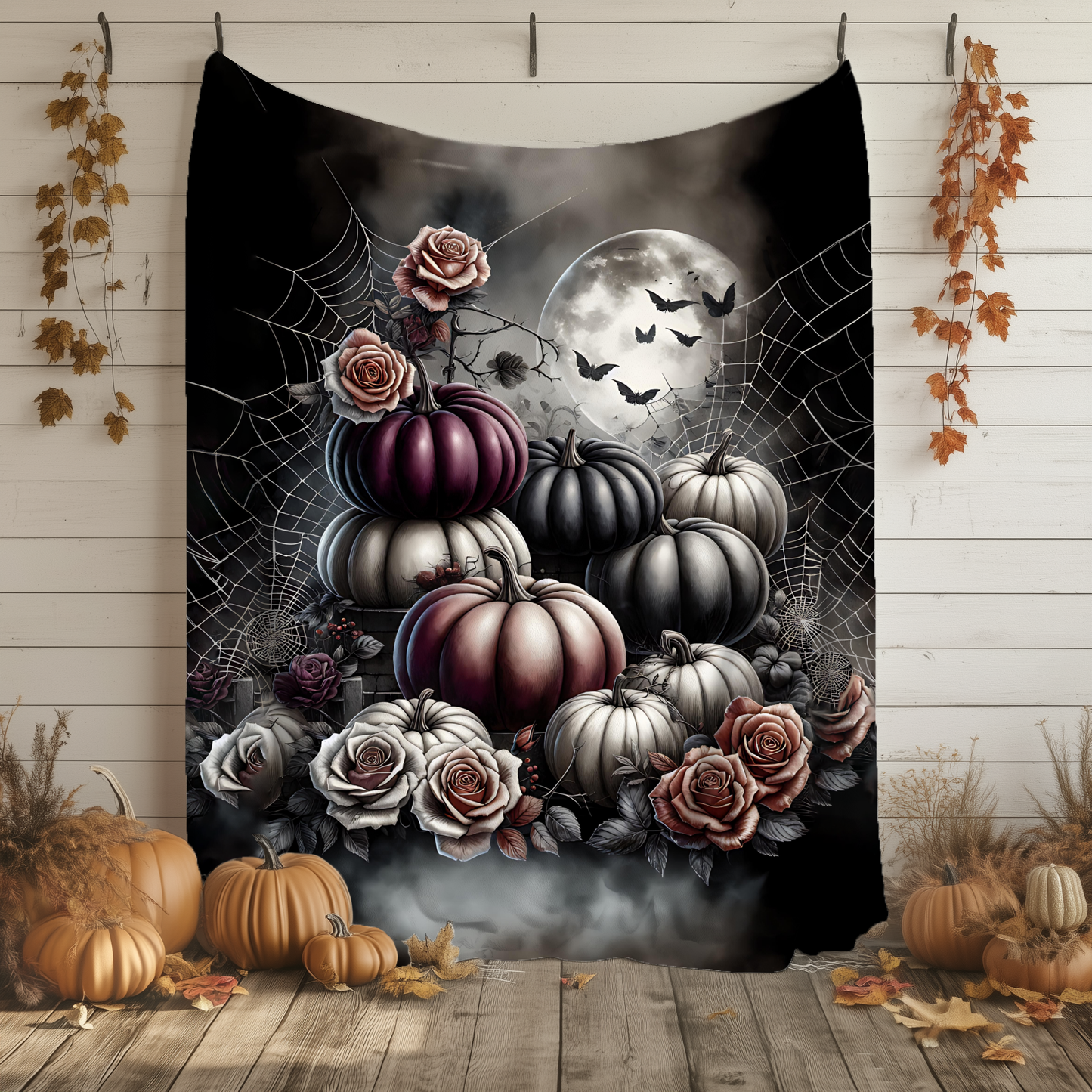 Spooky Gothic Pumpkin and Roses Velveteen Blanket, Elegant Halloween Decor