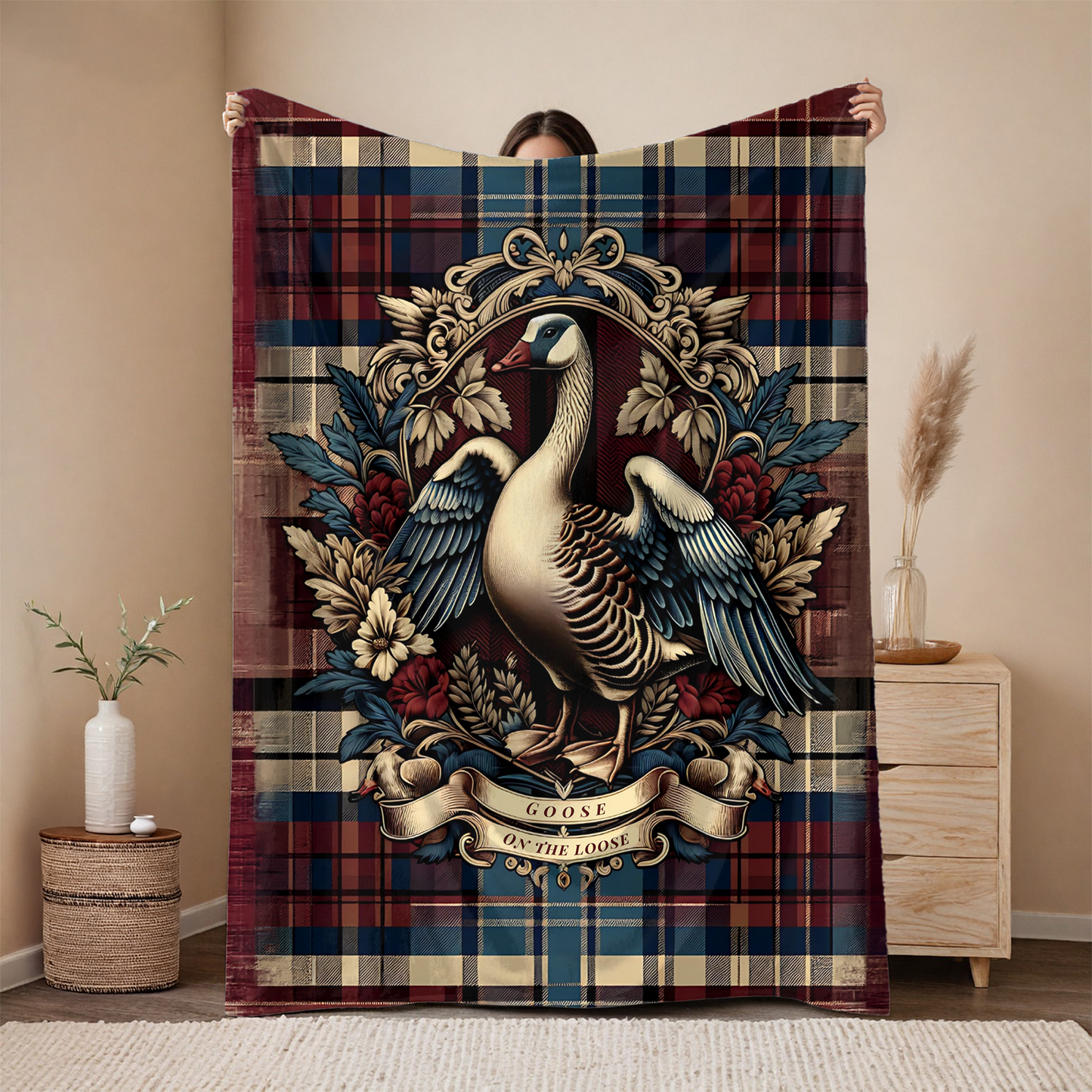 Goose on the Loose Blanket – Rustic Plaid Farmhouse Throw with Vintage Goose Design