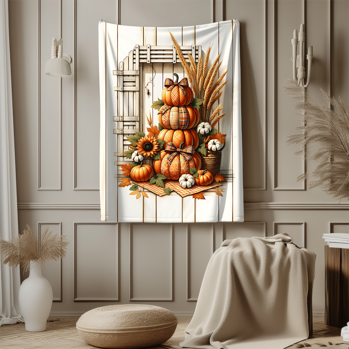 Farmhouse Fall Pumpkin & Sunflower Blanket - Cozy Velveteen Throw (50x60 or 60x80)