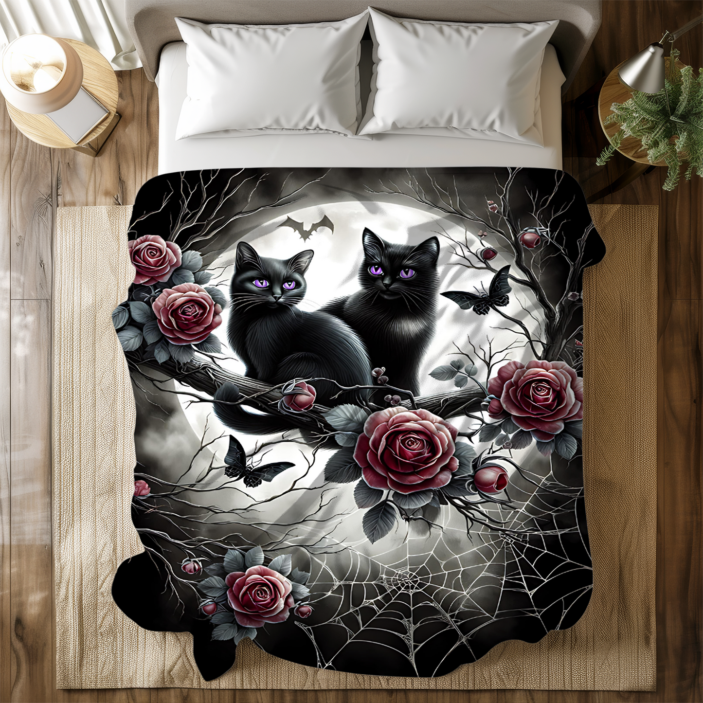Gothic Black Kittens & Roses Velveteen Blanket — Amethyst Eyes Moonlit Halloween Throw