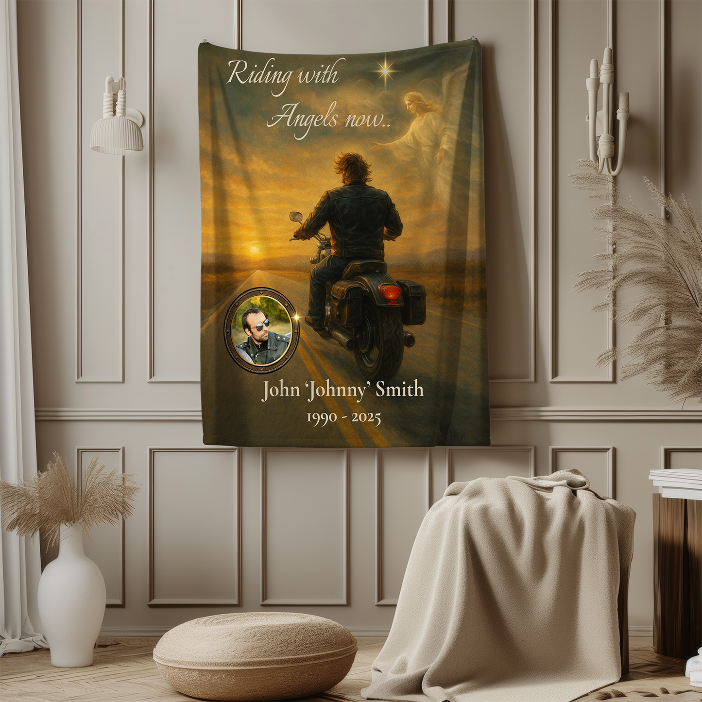 Riding with Angels Now – Personalized Motorcycle Memorial Blanket with Photo and Name – Tribute Gift for Loss of a Biker