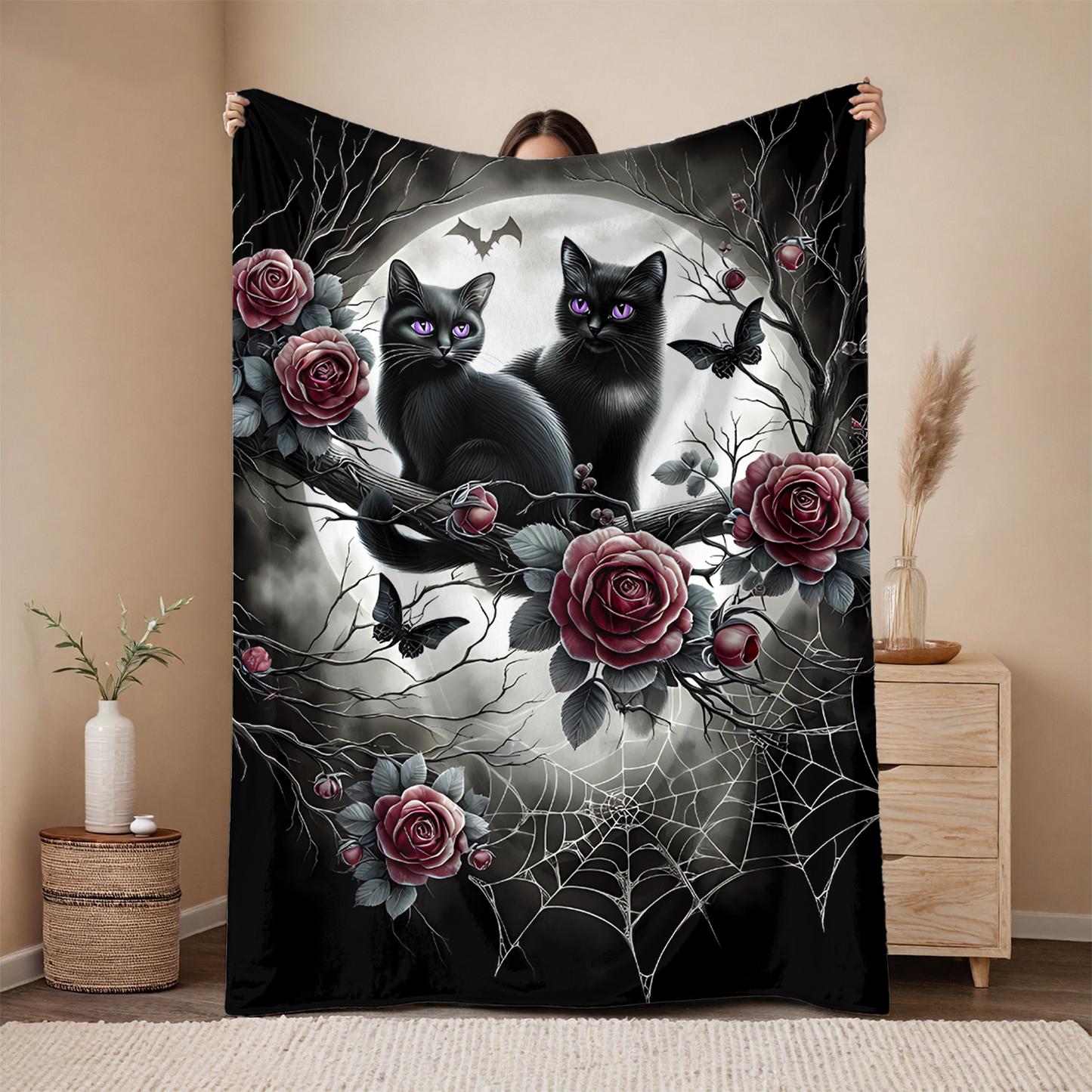 Gothic Black Kittens & Roses Velveteen Blanket — Amethyst Eyes Moonlit Halloween Throw