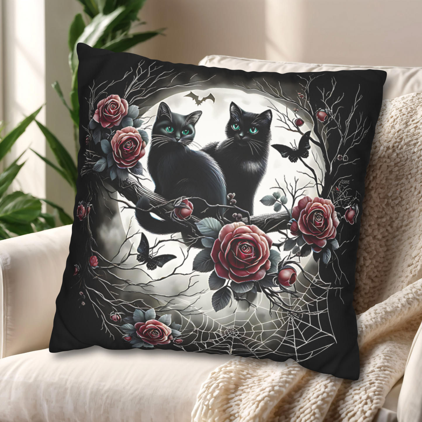 Black Cat Pillow Cover - 2 Kittens with Emerald Green Eyes, Halloween or Gothic Home Decor, Cute Cat Accent Pillow. Cover