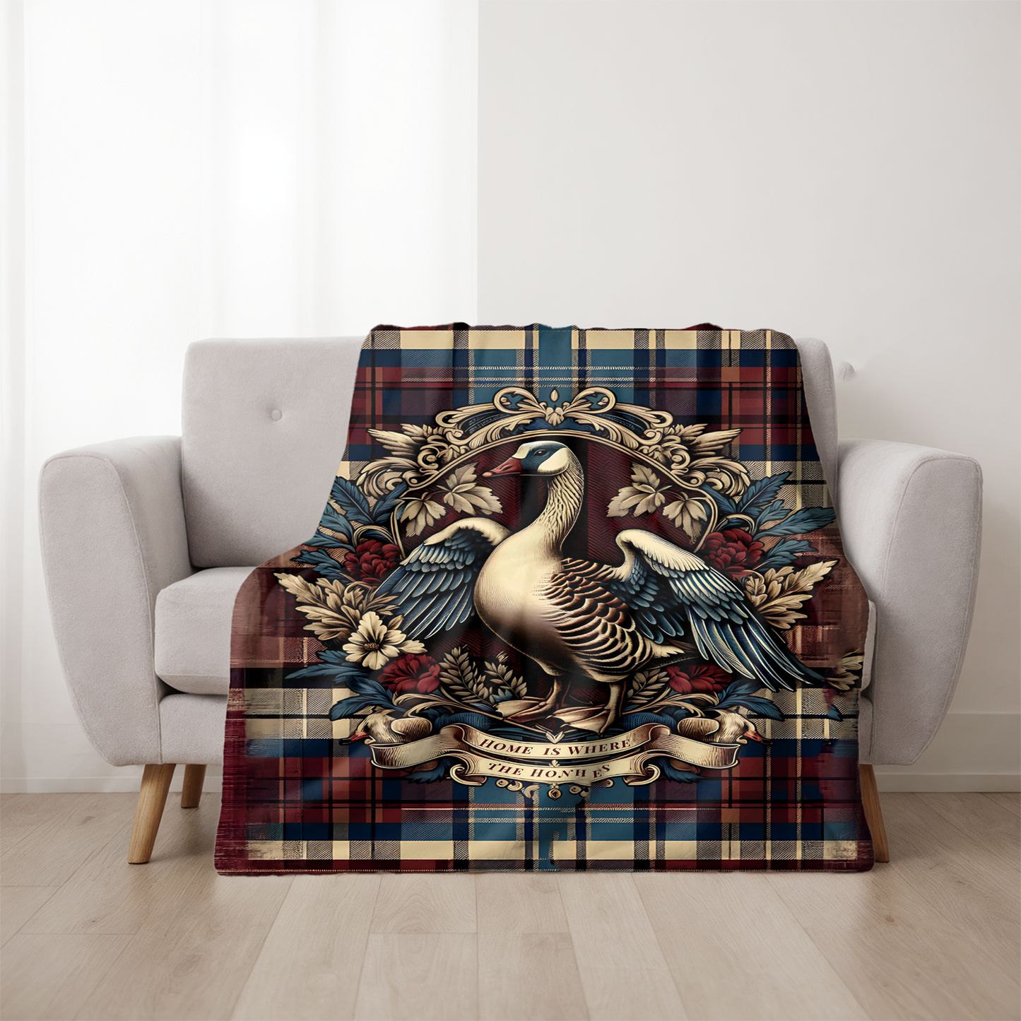 Home is Where the Honk Is Blanket – Rustic Plaid Farmhouse Throw with Vintage Goose Design