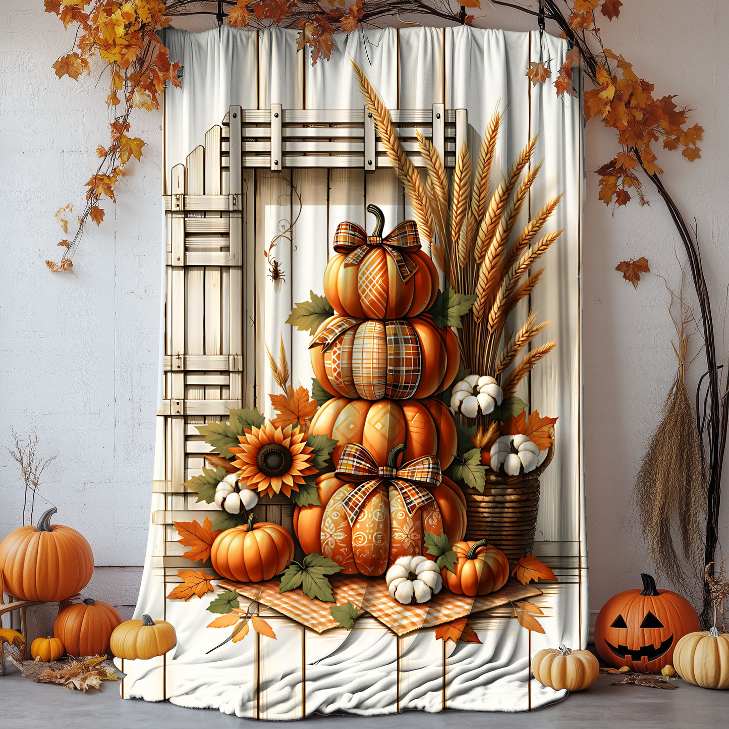 Farmhouse Fall Pumpkin & Sunflower Blanket - Cozy Velveteen Throw (50x60 or 60x80)