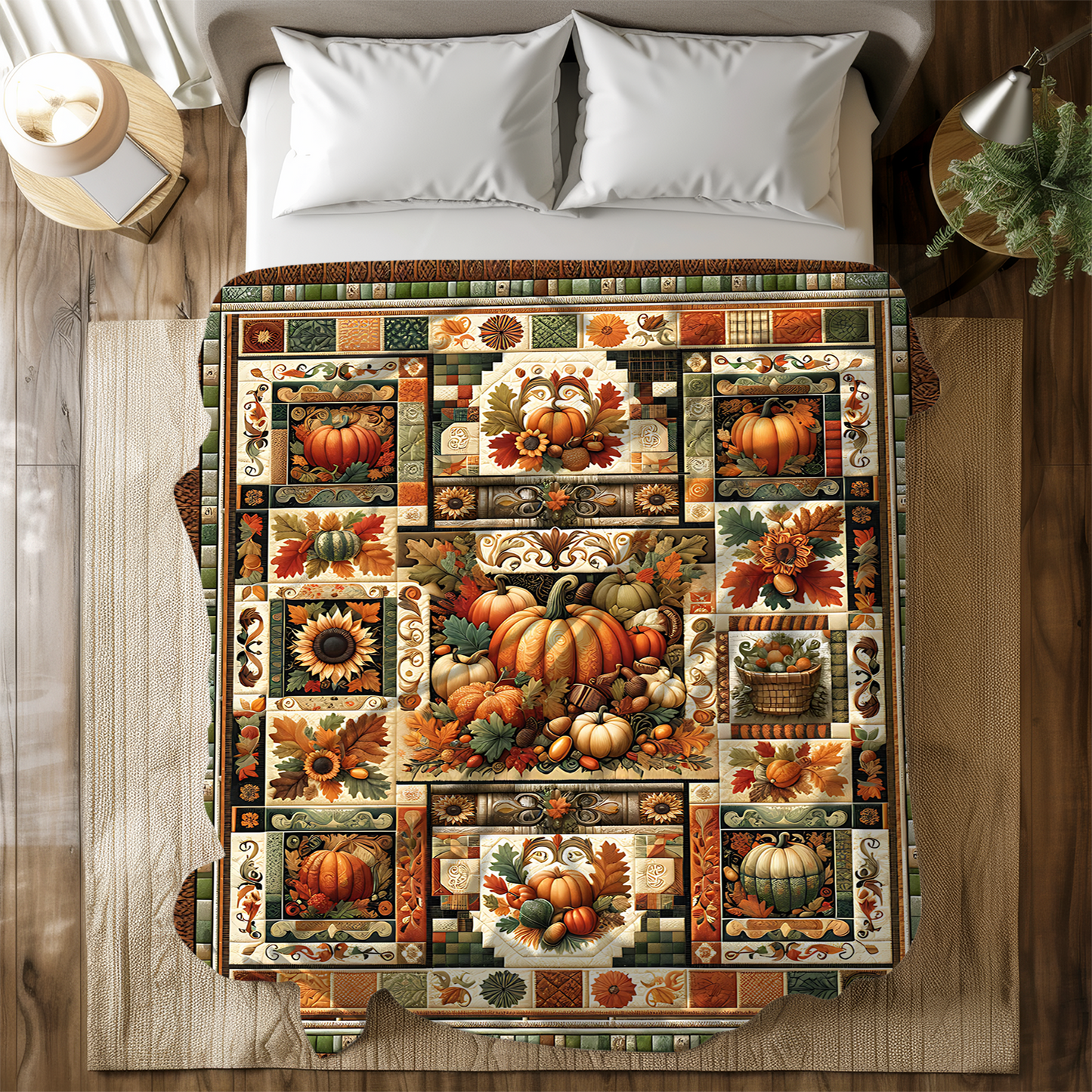 Harvest Patchwork Blanket Gift for Mom, Cozy Autumn Throw with Pumpkins, Sunflowers & Fall Leaves, Rustic Farmhouse Quilt Look, Host Gift
