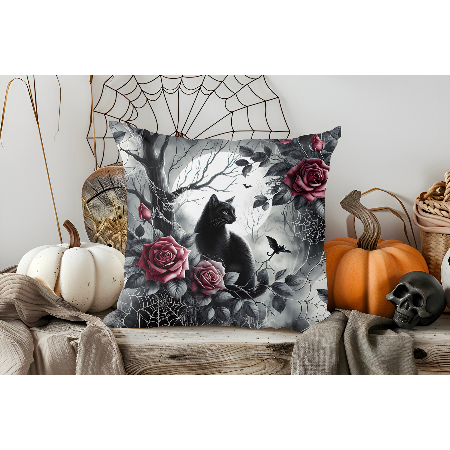 Gothic Black Cat & Roses Pillow Cover — Moonlit Faux Suede Throw Pillowcase
