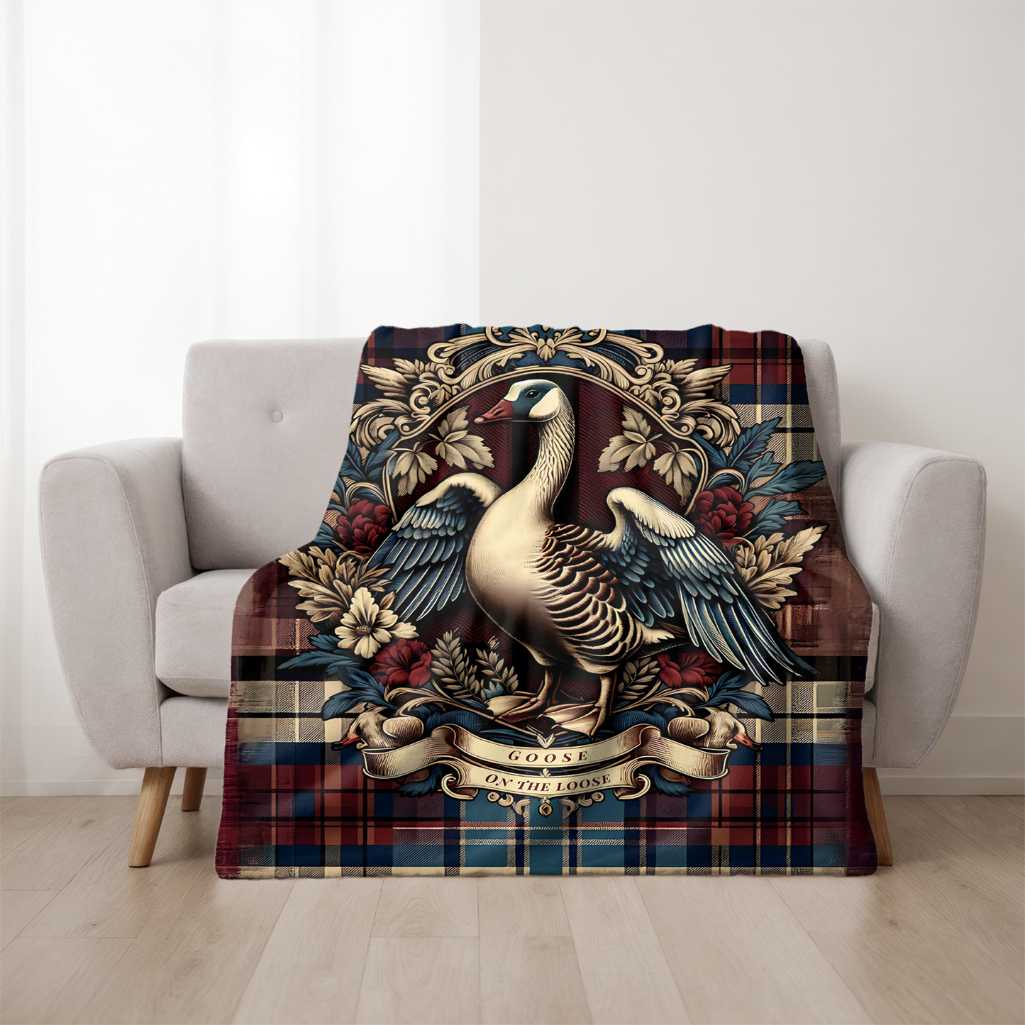 Goose on the Loose Blanket – Rustic Plaid Farmhouse Throw with Vintage Goose Design