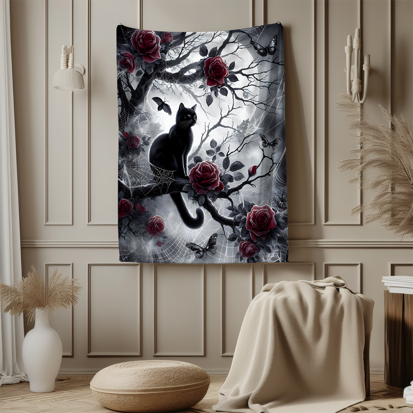 Gothic Black Cat & Roses Velveteen Blanket - Moonlit Spiderweb Halloween Throw in 3 Sizes