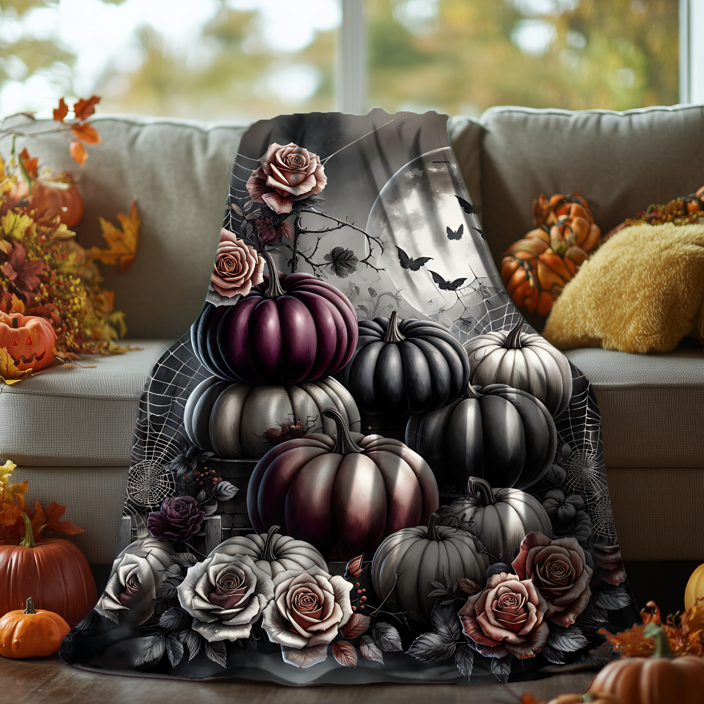 Spooky Gothic Pumpkin and Roses Velveteen Blanket, Elegant Halloween Decor