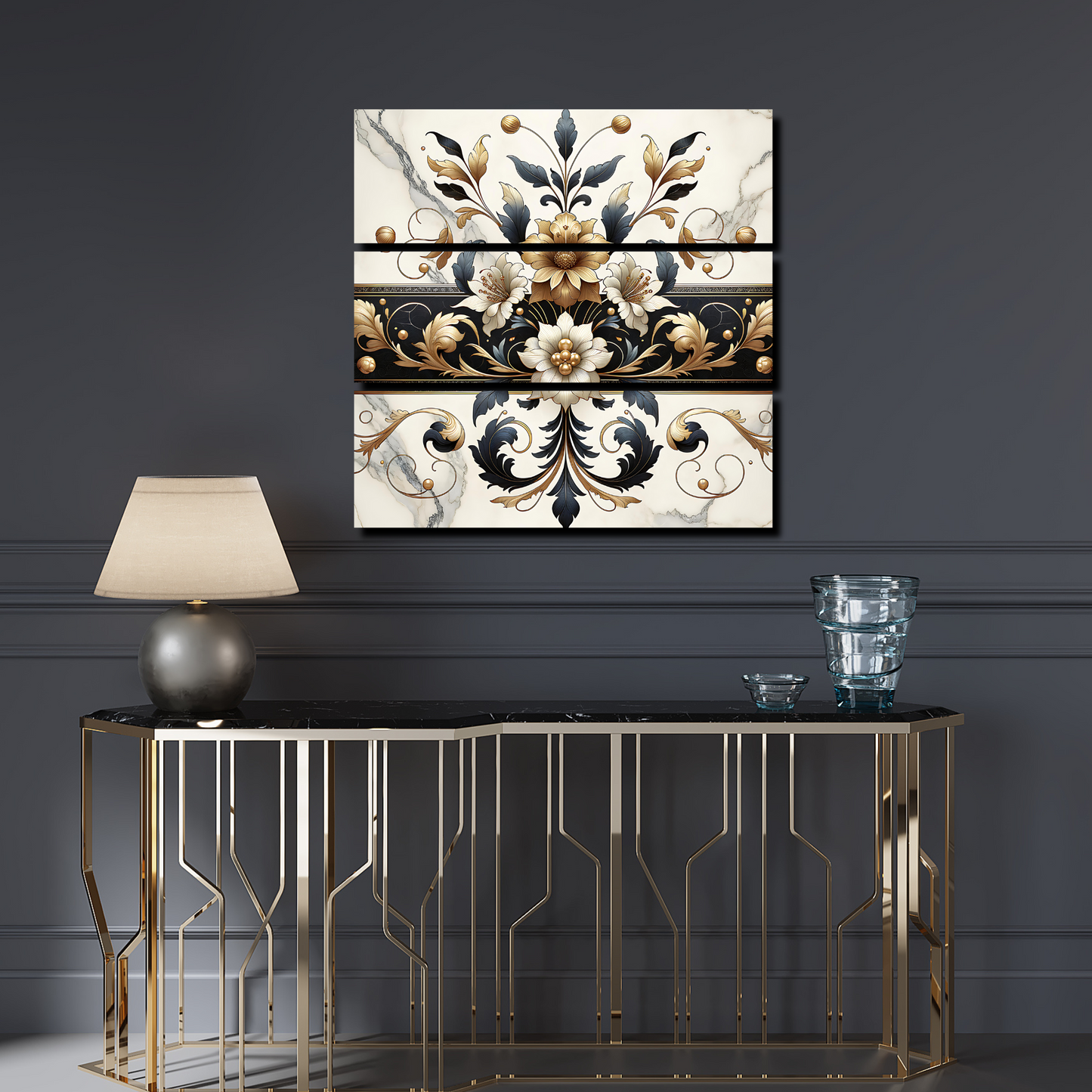 Gilded Reverie – One-of-a-Kind Baroque Floral Wall Art in Black, Gold & Marble | Collector’s Edition