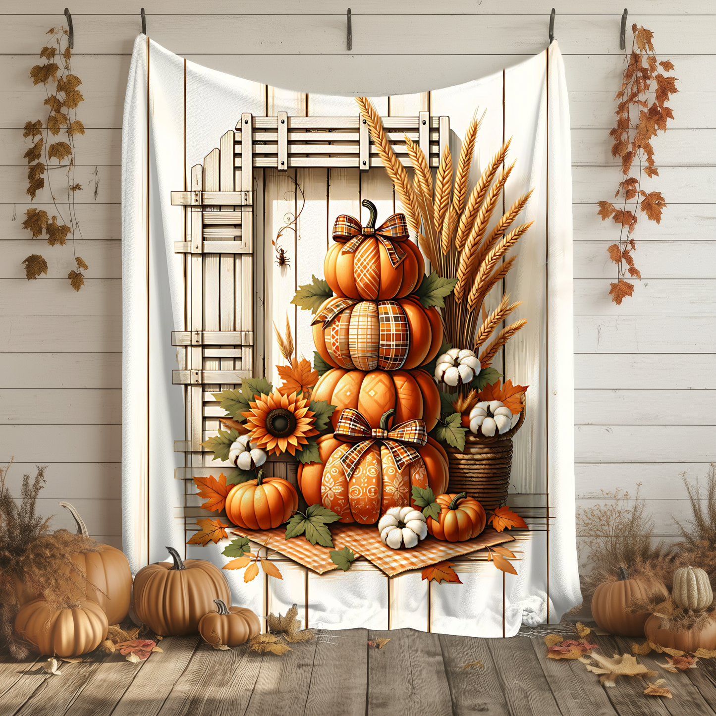 Farmhouse Fall Pumpkin & Sunflower Blanket - Cozy Velveteen Throw (50x60 or 60x80)