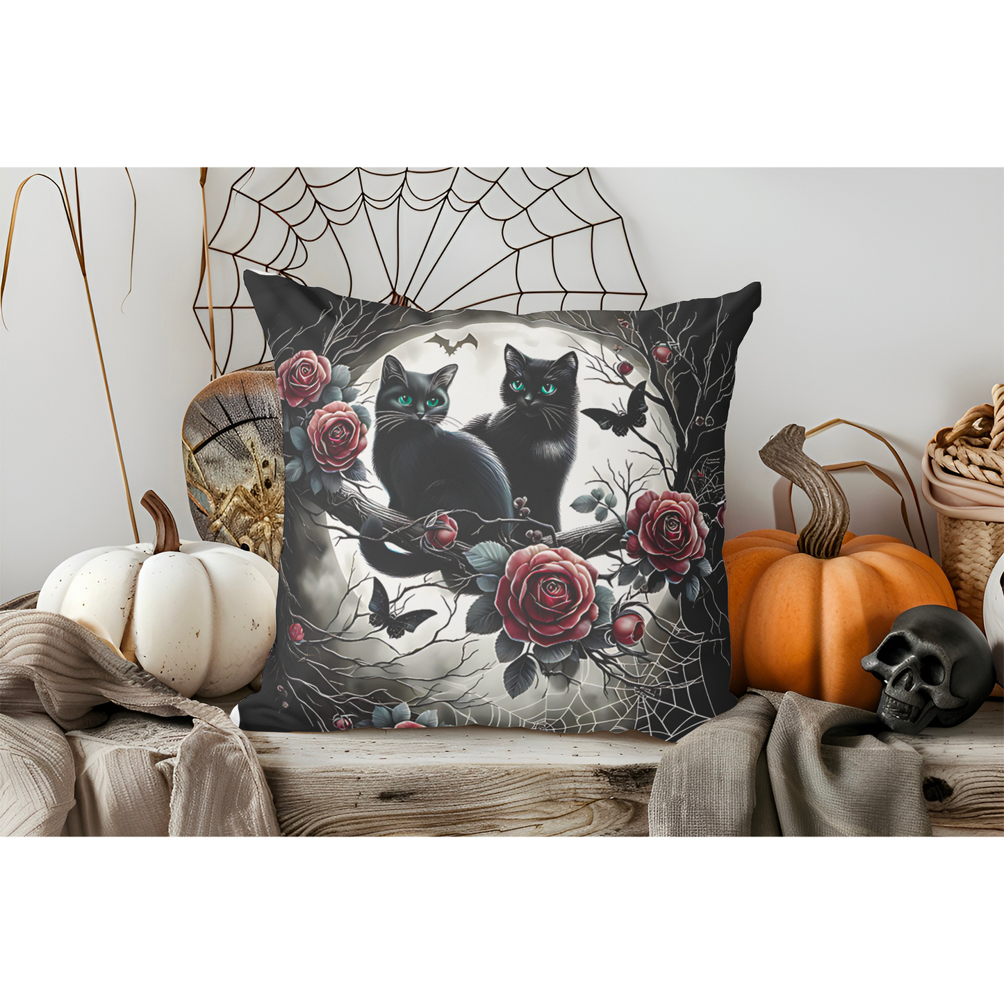 Black Cat Pillow Cover - 2 Kittens with Emerald Green Eyes, Halloween or Gothic Home Decor, Cute Cat Accent Pillow. Cover