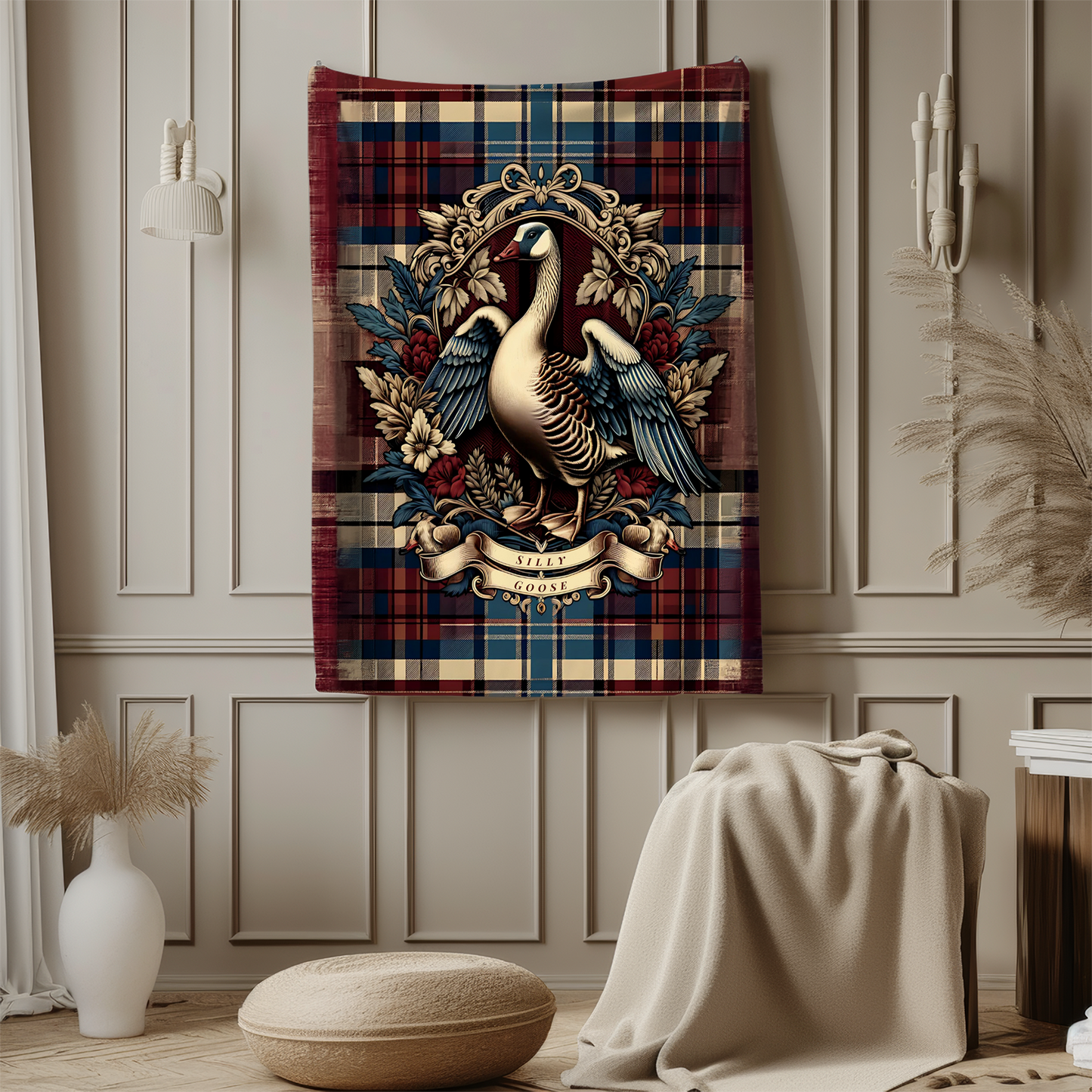 Silly Goose Blanket – Rustic Plaid Farmhouse Throw with Vintage Goose Design