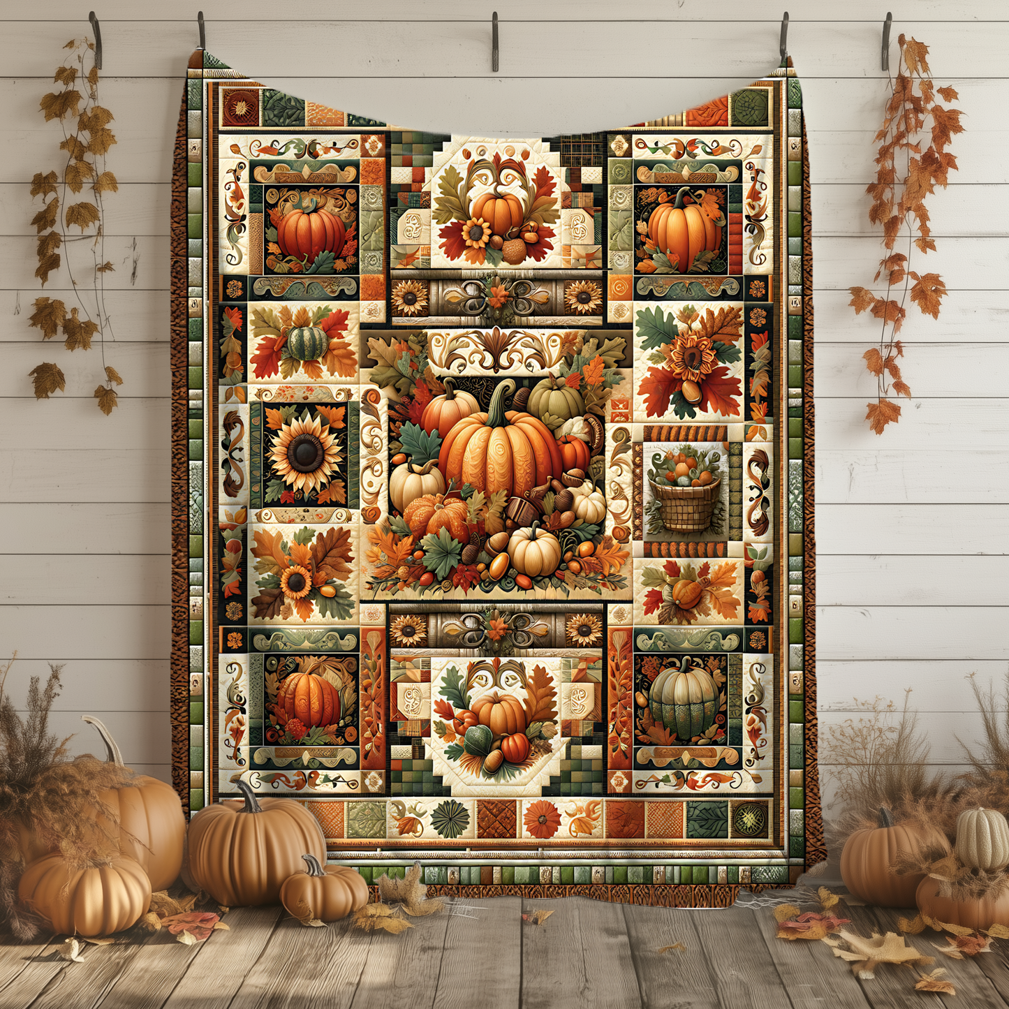 Harvest Patchwork Blanket Gift for Mom, Cozy Autumn Throw with Pumpkins, Sunflowers & Fall Leaves, Rustic Farmhouse Quilt Look, Host Gift