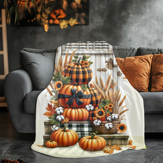 Buffalo Plaid Pumpkin & Sunflower Blanket - Cozy Fall Velveteen Throw (50x60 or 60x80)