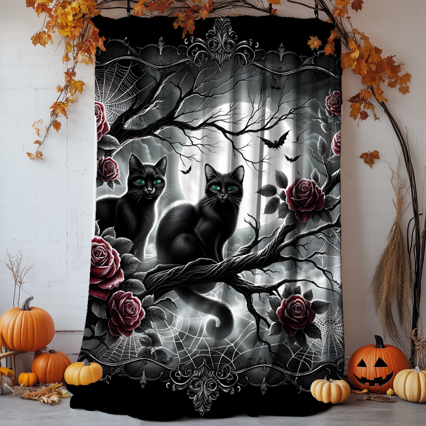 Gothic Black Cats & Roses Velveteen Blanket — Emerald Eyes Moonlit Halloween Throw