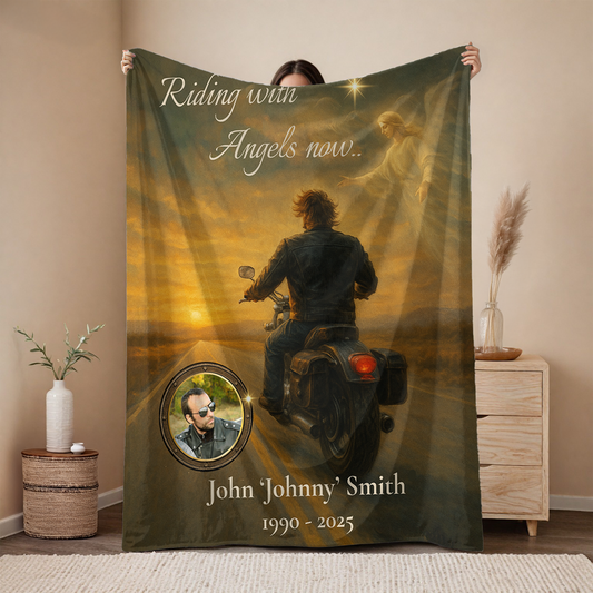 Riding with Angels Now – Personalized Motorcycle Memorial Blanket with Photo and Name – Tribute Gift for Loss of a Biker