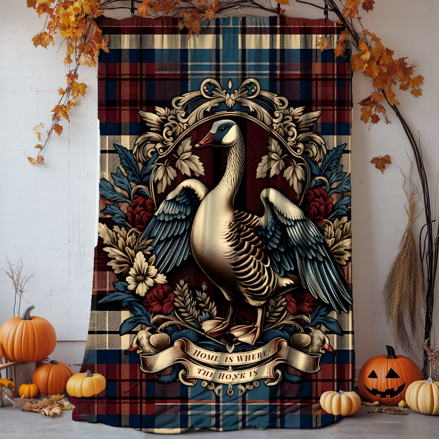 Home is Where the Honk Is Blanket – Rustic Plaid Farmhouse Throw with Vintage Goose Design