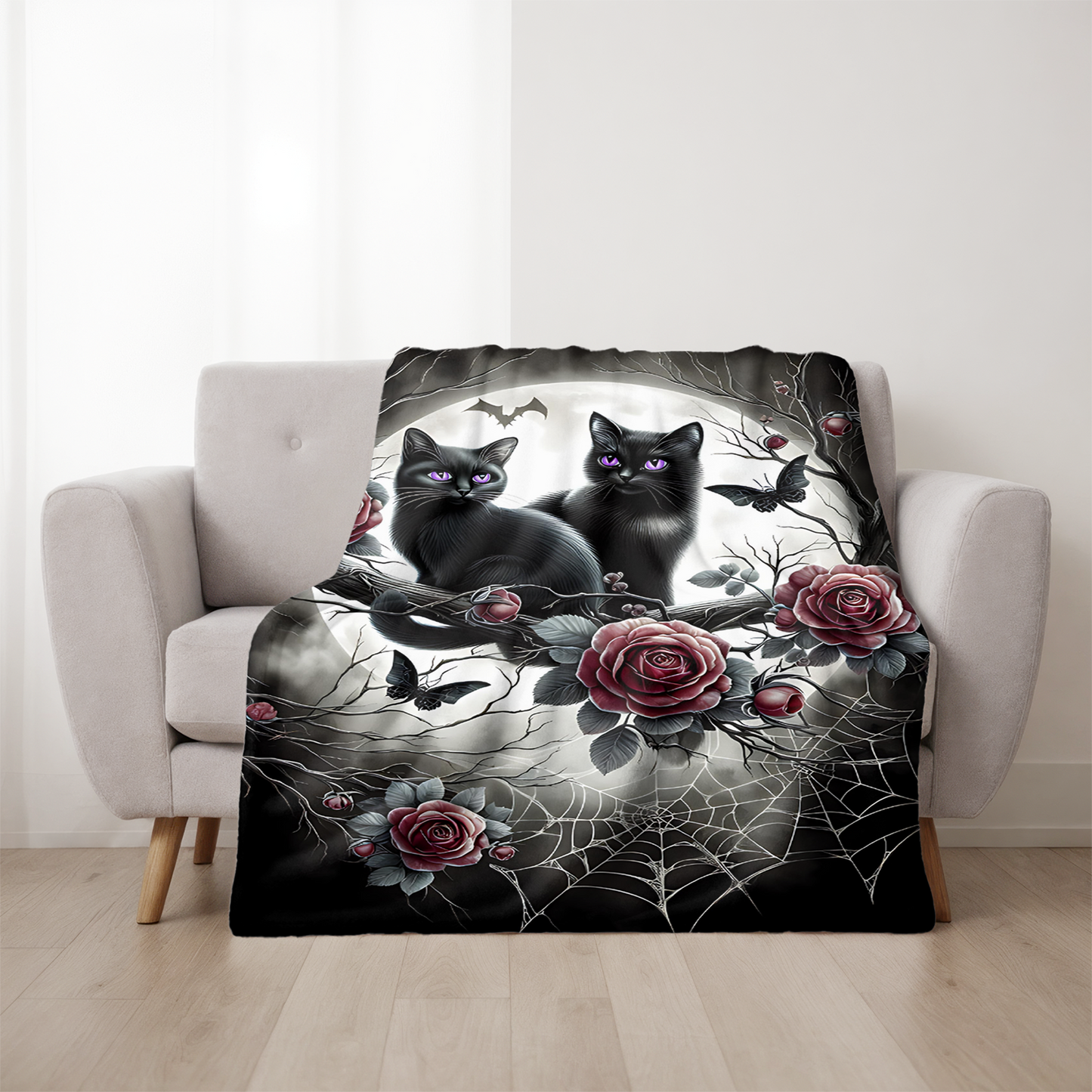 Gothic Black Kittens & Roses Velveteen Blanket — Amethyst Eyes Moonlit Halloween Throw