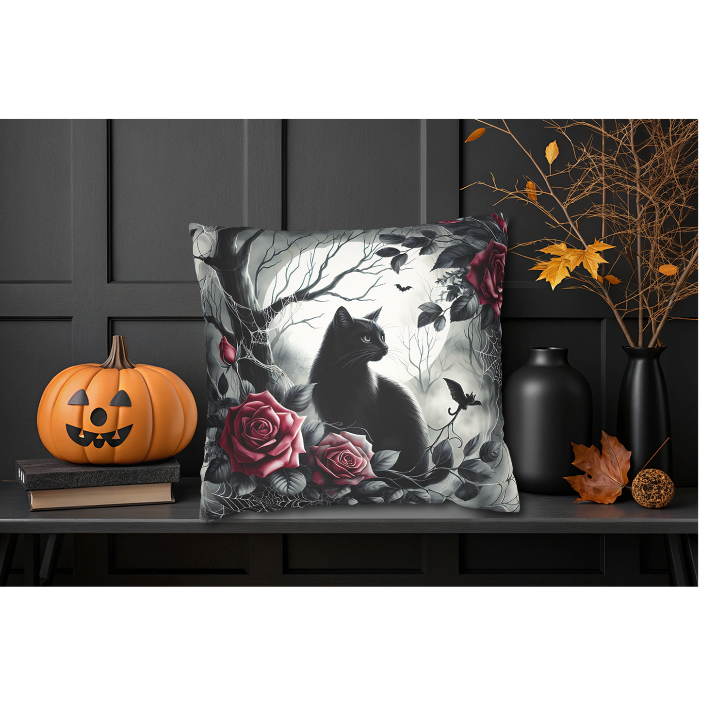 Gothic Black Cat & Roses Pillow Cover — Moonlit Faux Suede Throw Pillowcase