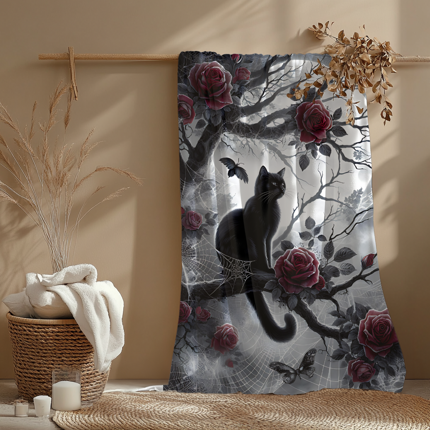 Gothic Black Cat & Roses Velveteen Blanket - Moonlit Spiderweb Halloween Throw in 3 Sizes