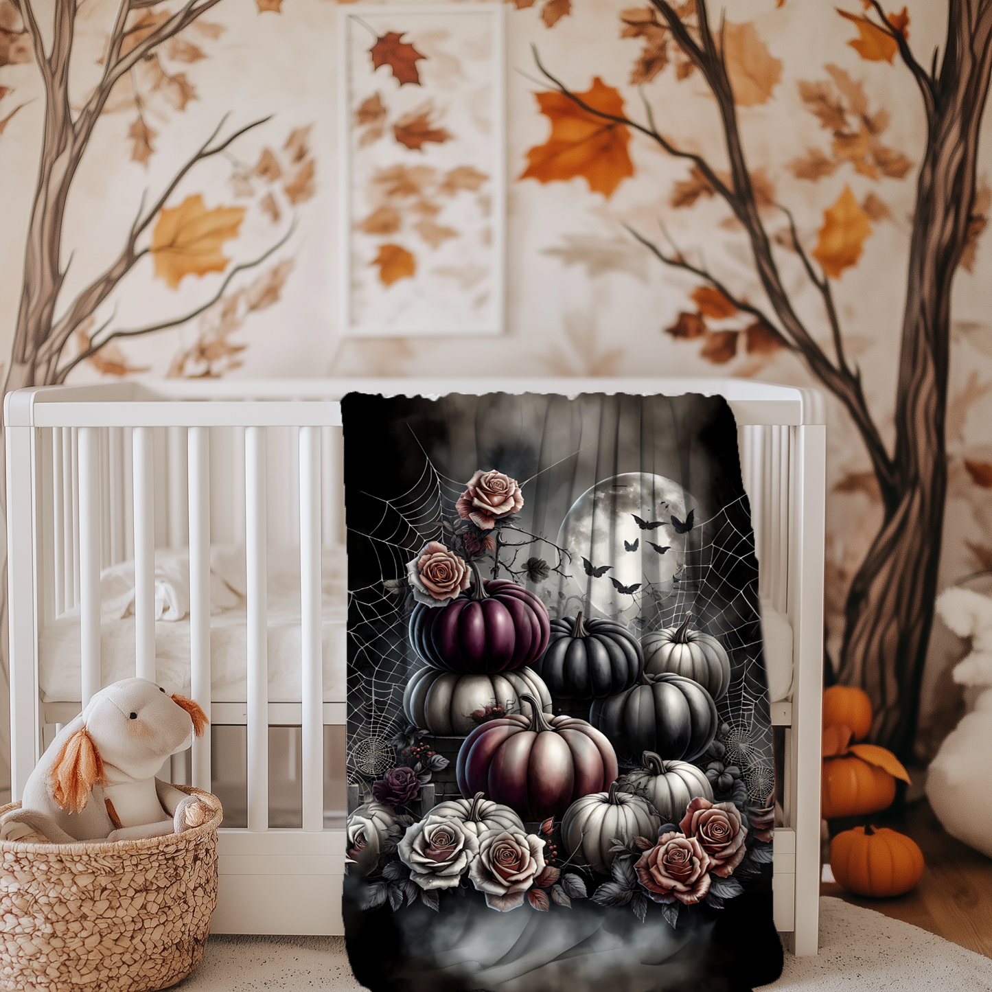 Spooky Gothic Pumpkin and Roses Velveteen Blanket, Elegant Halloween Decor