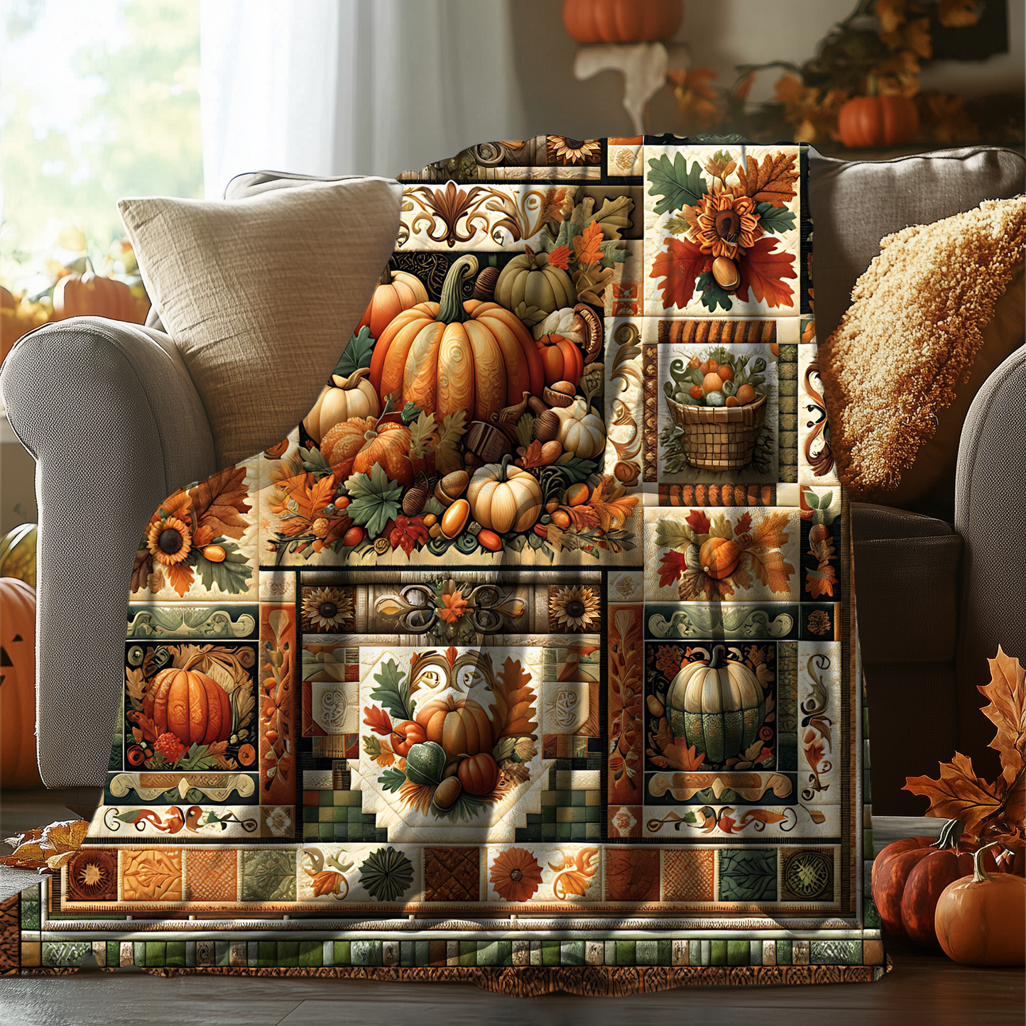 Harvest Patchwork Blanket Gift for Mom, Cozy Autumn Throw with Pumpkins, Sunflowers & Fall Leaves, Rustic Farmhouse Quilt Look, Host Gift