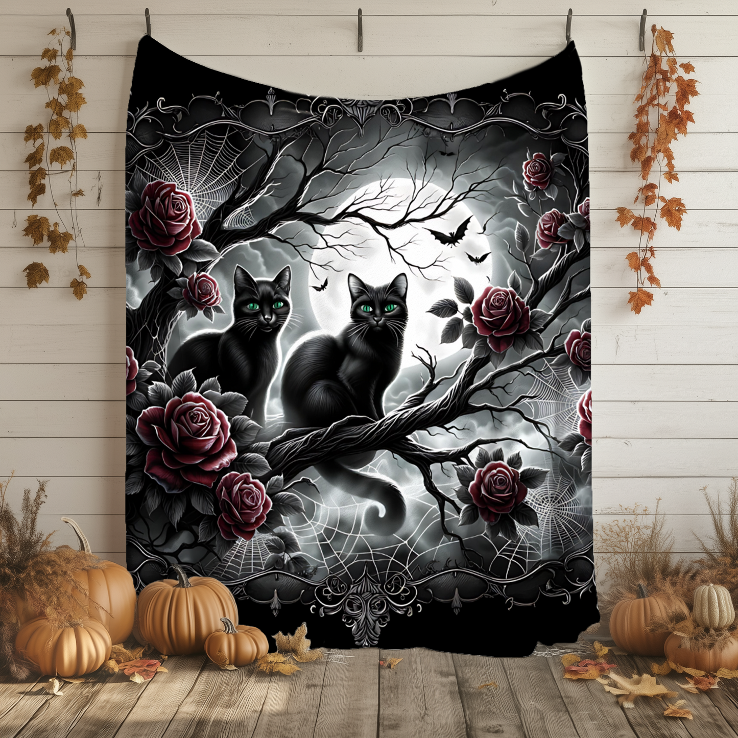 Gothic Black Cats & Roses Velveteen Blanket — Emerald Eyes Moonlit Halloween Throw