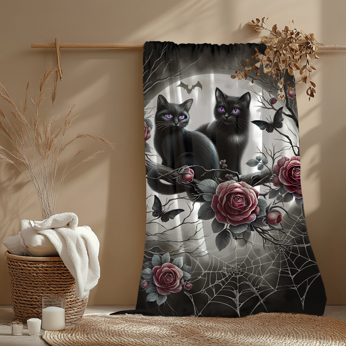 Gothic Black Kittens & Roses Velveteen Blanket — Amethyst Eyes Moonlit Halloween Throw