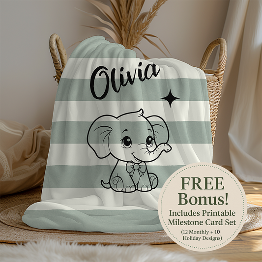 Personalized Elephant Baby Blanket – Custom Name Minky Fleece Gift for Newborn Boys or Girls | Soft Safari Nursery Keepsake