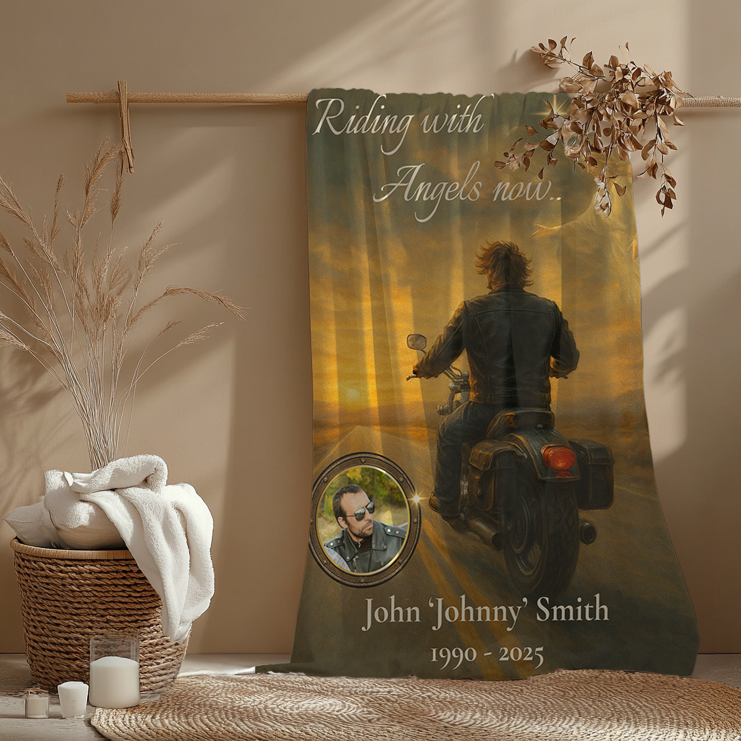 Riding with Angels Now – Personalized Motorcycle Memorial Blanket with Photo and Name – Tribute Gift for Loss of a Biker