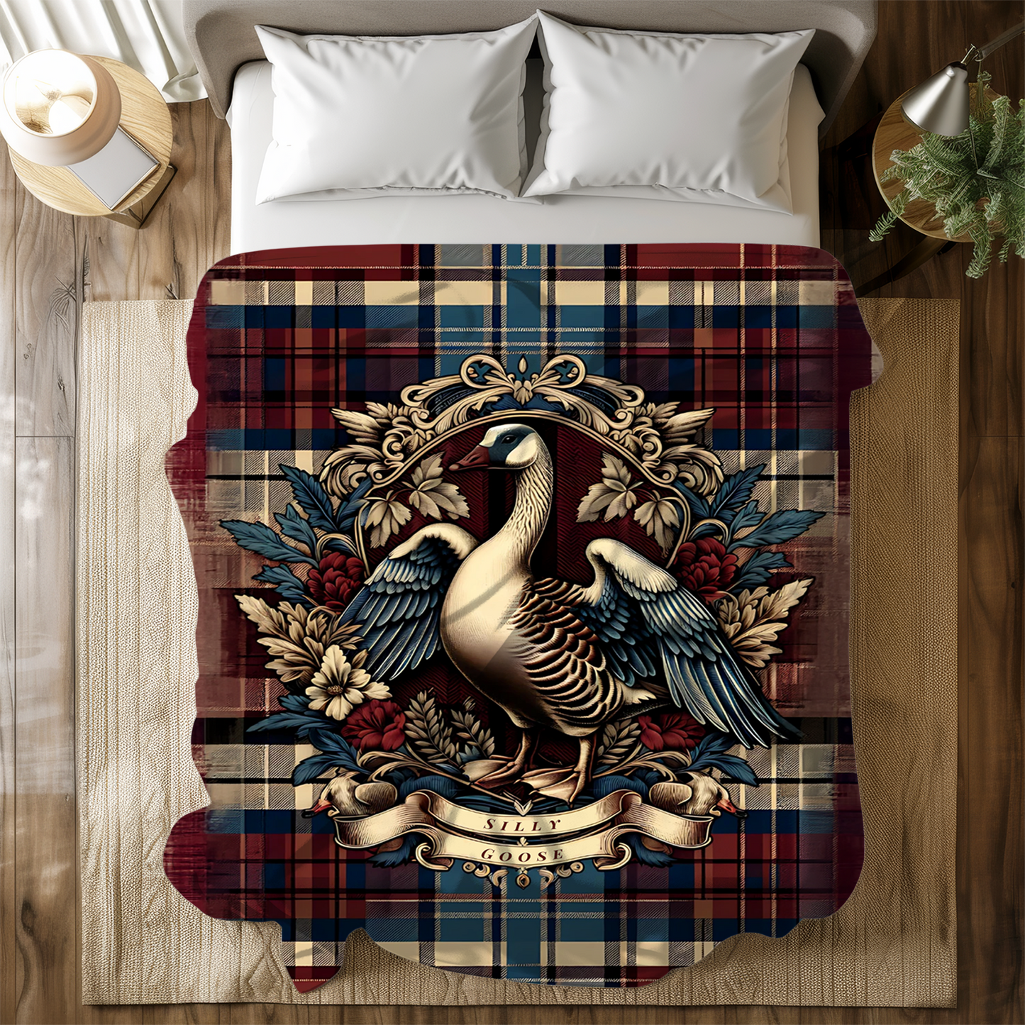 Silly Goose Blanket – Rustic Plaid Farmhouse Throw with Vintage Goose Design