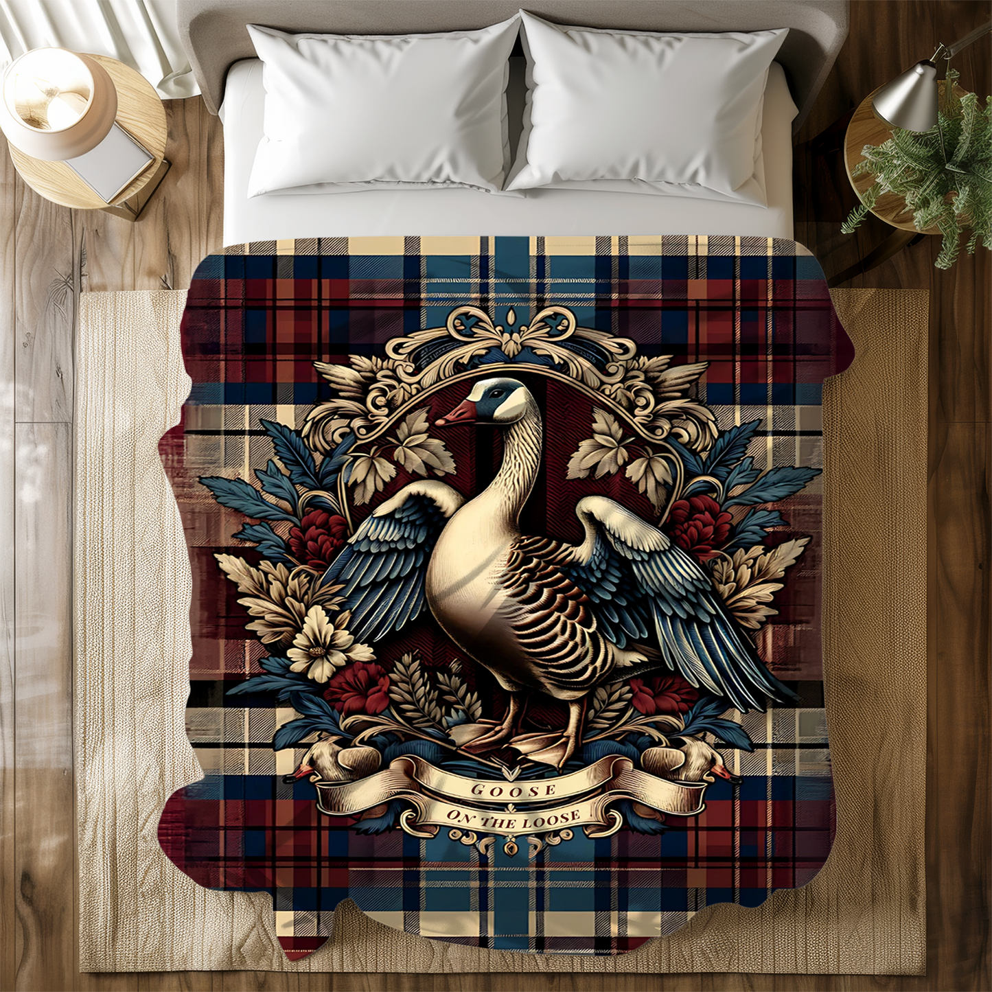 Goose on the Loose Blanket – Rustic Plaid Farmhouse Throw with Vintage Goose Design