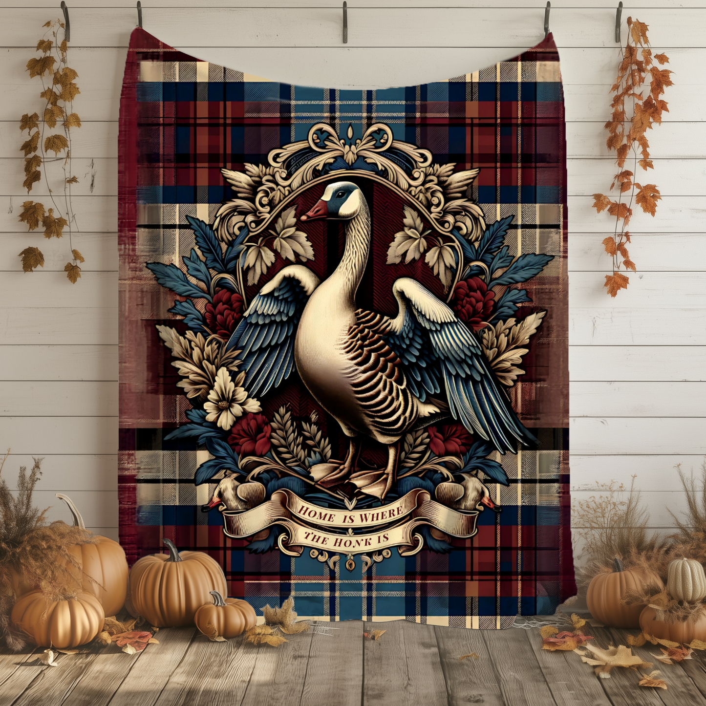 Home is Where the Honk Is Blanket – Rustic Plaid Farmhouse Throw with Vintage Goose Design
