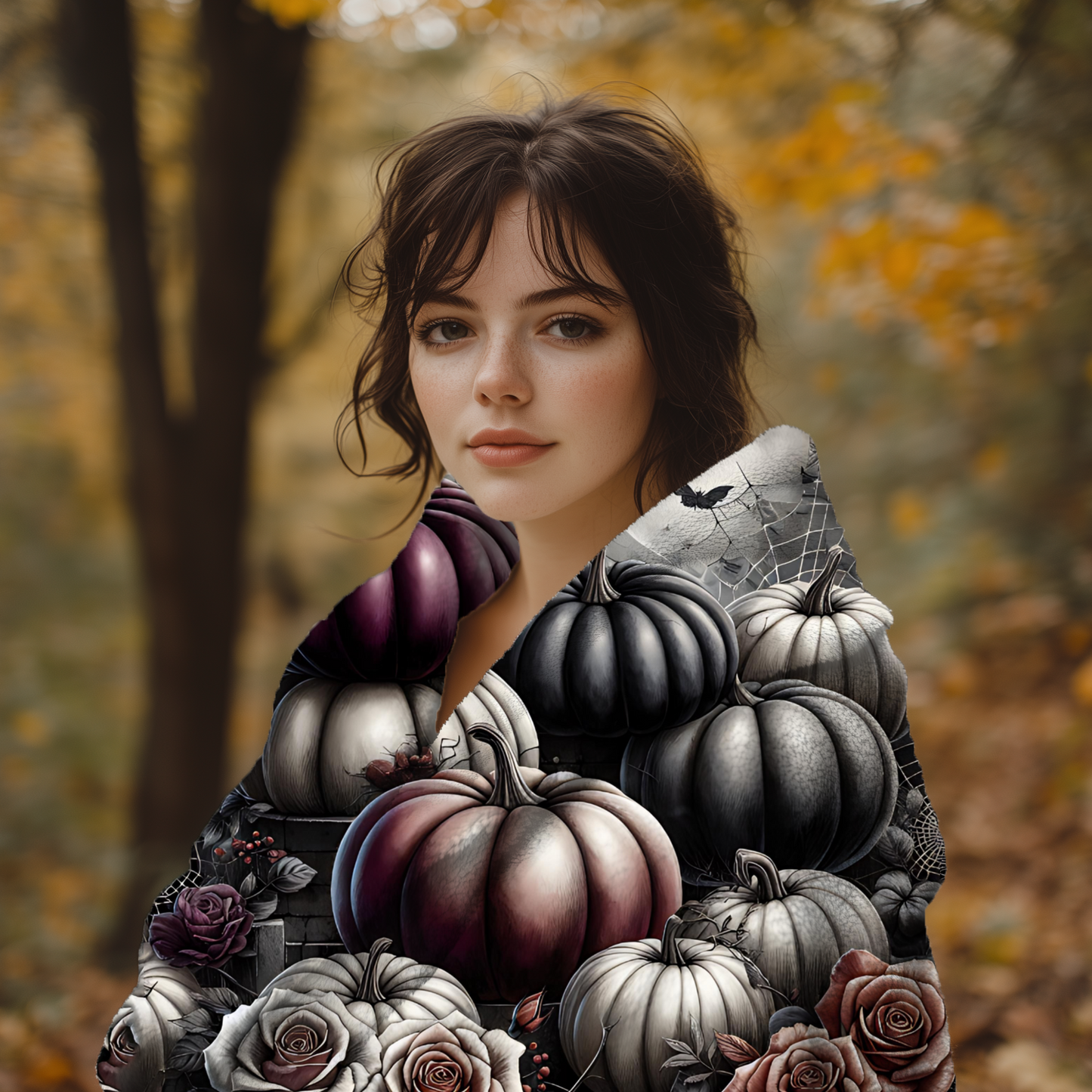 Spooky Gothic Pumpkin and Roses Velveteen Blanket, Elegant Halloween Decor