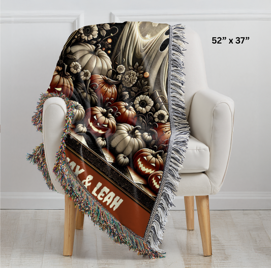 Haunted Harvest Personalized Blanket – Love Never Dies Ghost Couple | Halloween Throw with Names