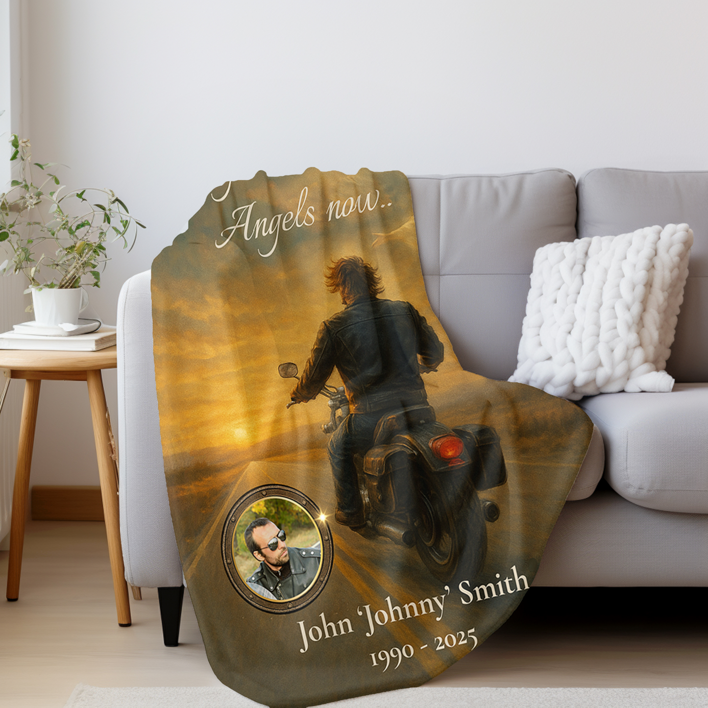 Riding with Angels Now – Personalized Motorcycle Memorial Blanket with Photo and Name – Tribute Gift for Loss of a Biker