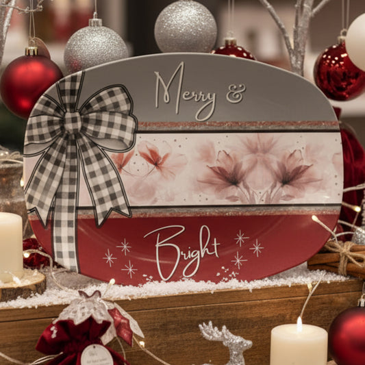 Merry & Bright Floral Christmas Platter • 10x14 Holiday Serving Tray • Oven Safe • Dishwasher Safe • Hostess Gift • Family Dinnerware