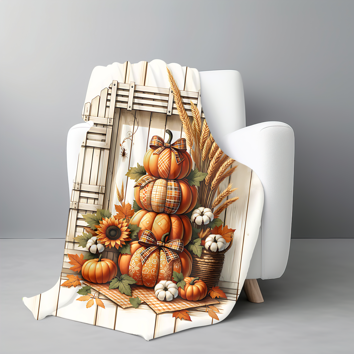 Farmhouse Fall Pumpkin & Sunflower Blanket - Cozy Velveteen Throw (50x60 or 60x80)