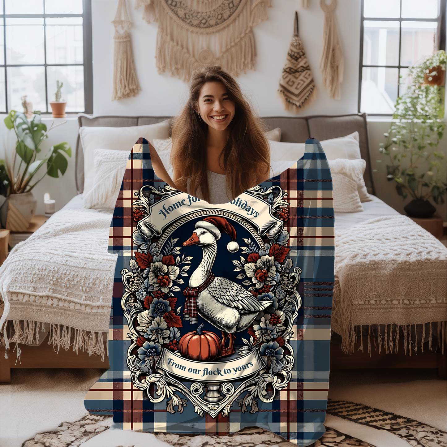 Home for the Holidays Goose Blanket - “From Our Flock to Yours” - Cozy Farmhouse Christmas Throw