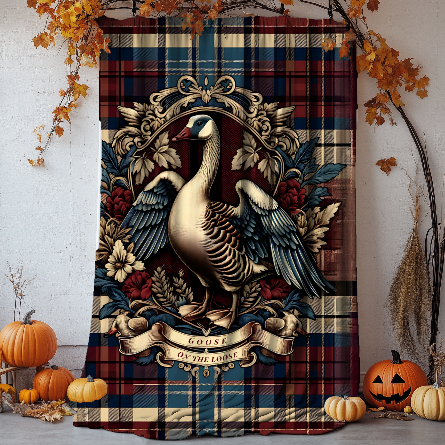 Goose on the Loose Blanket – Rustic Plaid Farmhouse Throw with Vintage Goose Design