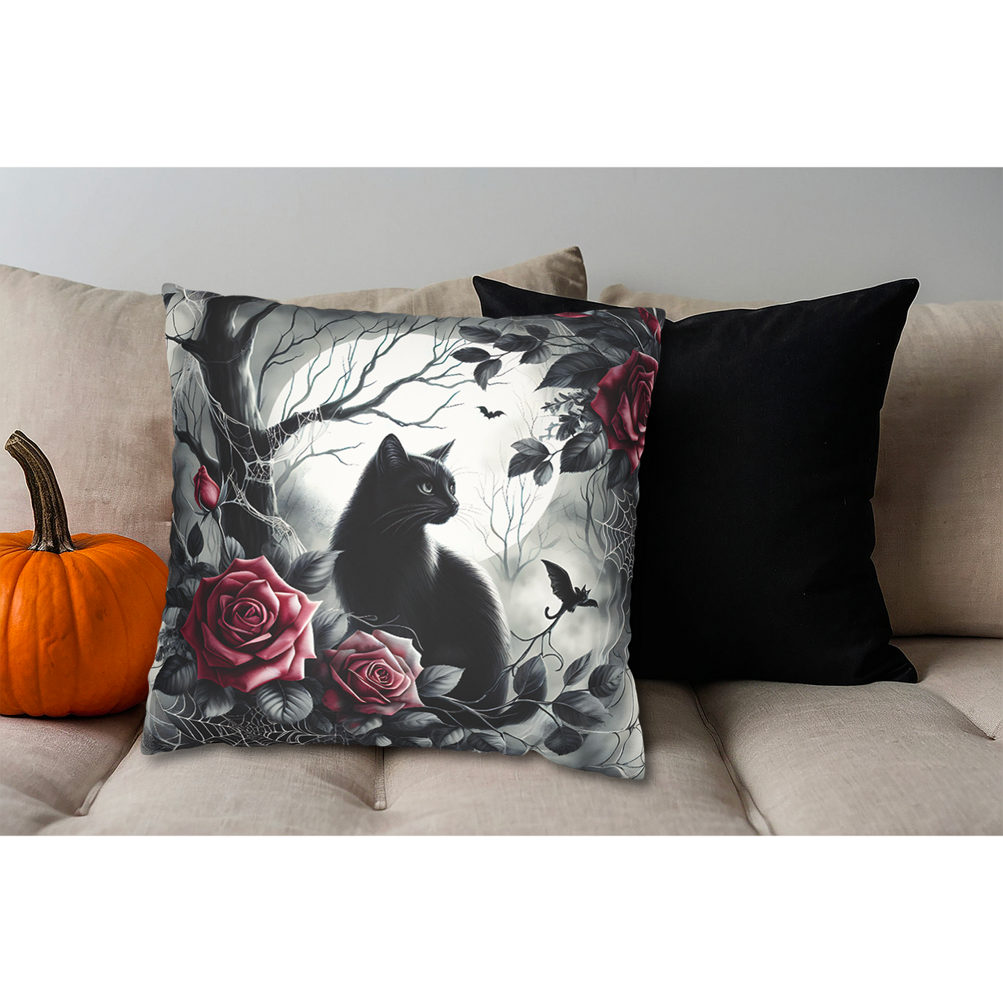 Gothic Black Cat & Roses Pillow Cover — Moonlit Faux Suede Throw Pillowcase