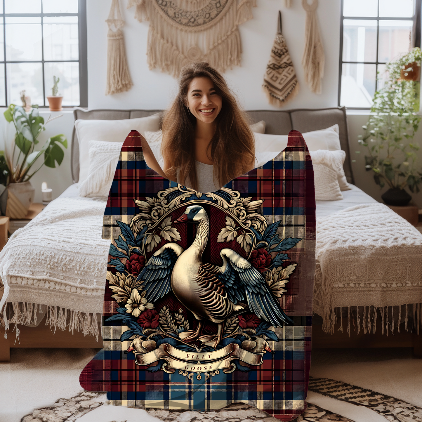 Silly Goose Blanket – Rustic Plaid Farmhouse Throw with Vintage Goose Design