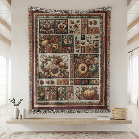 The Autumn Heirloom Woven Blanket – Cozy Fall Tapestry Throw with Pumpkins, Sunflowers, and Rustic Harvest Charm