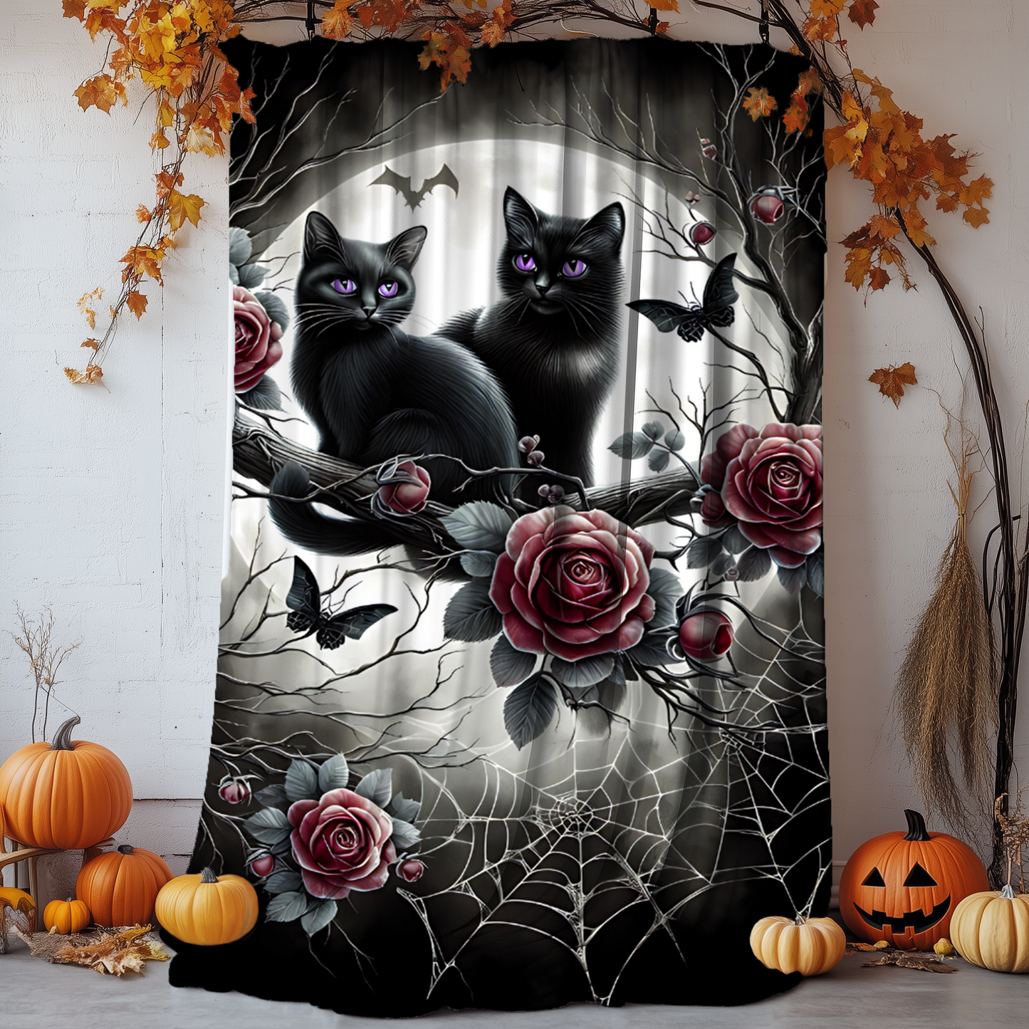 Gothic Black Kittens & Roses Velveteen Blanket — Amethyst Eyes Moonlit Halloween Throw